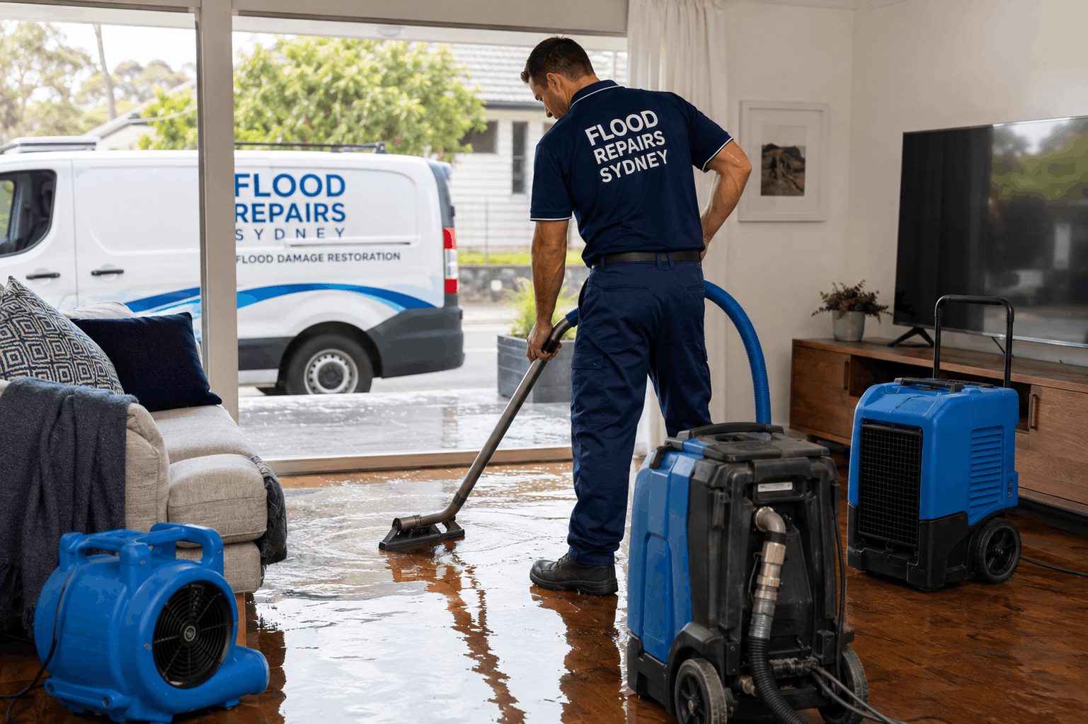 Flood Repairs Sydney team assessing water damage in a Sydney home